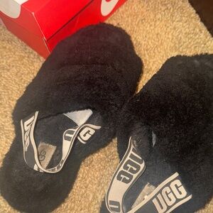 UGG Black Fluffy Slide Slippers